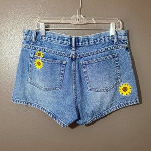 Vintage Adorable Wanted Brand Denim Shorts with Embroidered Sunflower Print
